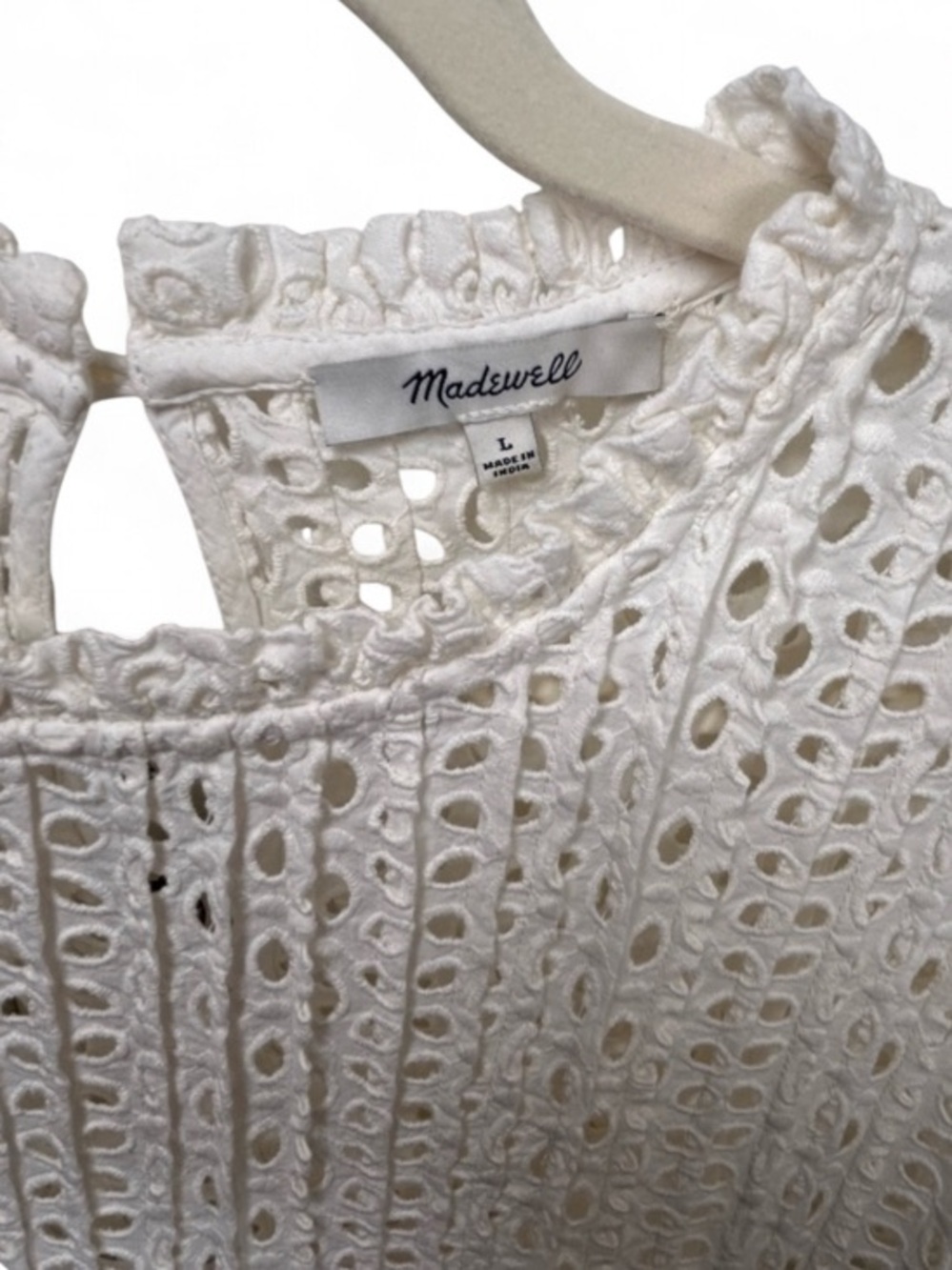 Madewell White Eyelet Ruffle-Sleeve Pintuck Mini Dress. 100% Cotton, Size L - Picture 5 of 9